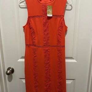 Suzanne Betro Vibrant Orange Lace-Trim Midi Dress